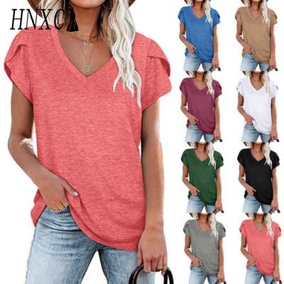 HNXC Kadın Moda Günlük Düz Renk Baskılı Kısa Kollu V Yaka Bluzlar ve Gömlekler