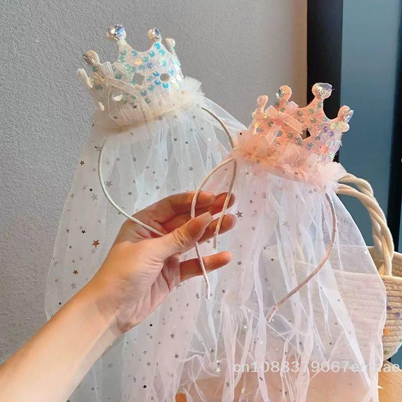 [ZYS]1Pc Sparkly Tulle Hair Accessories Princess Crown  Headbands Pink White Sequin Party Headwear Cute Girl's Dress Up Headband