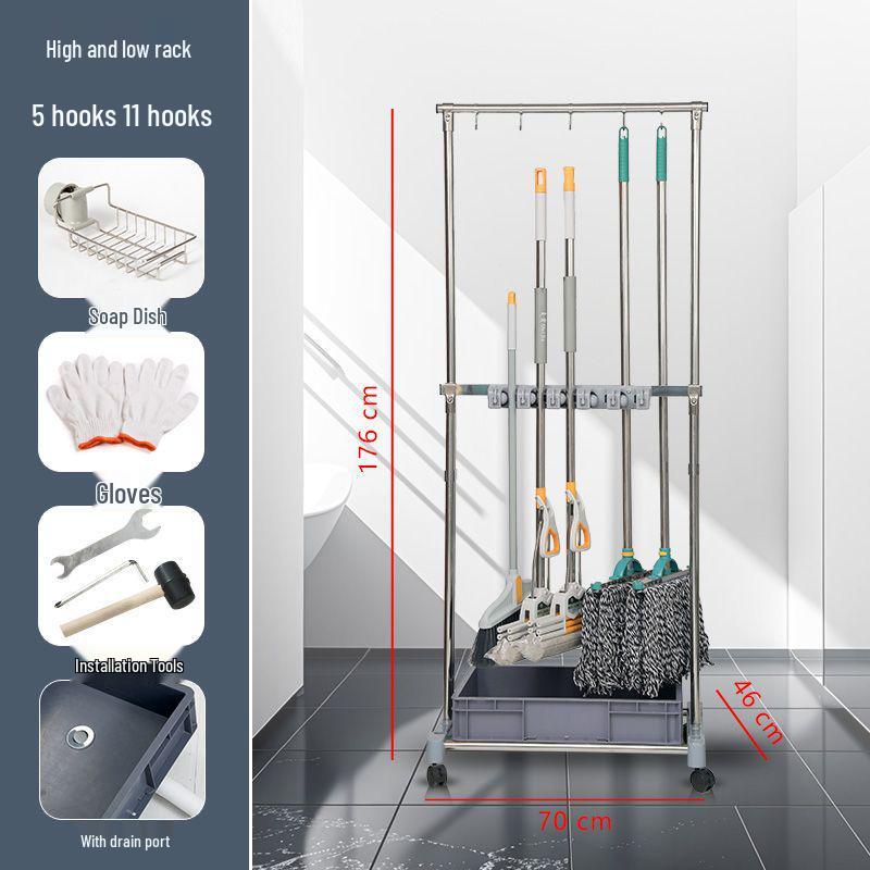 Movable Stainless Steel Mop Storage Rack with Hooks for Floor-Standing Draining in Schools and Factories