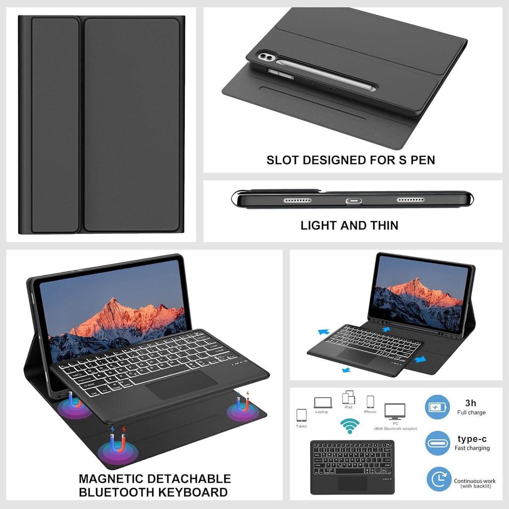 Samsung Tablet S9 FE Plus 12.4" RGB Backlit Touch Keyboard & Leather Protective Case