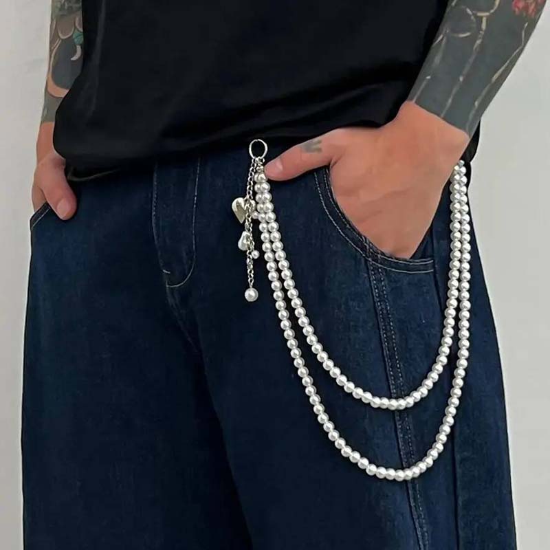 Exquisite Punk Imitation Pearl Wallet Belt Chain Keychain Men Women Fashion HipHop Heart Pendant Jeans Chain Jewelry