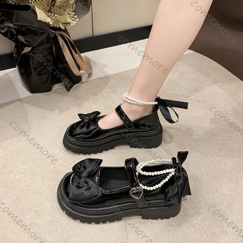 Fashion Comemore Women's Casual Shoes New Kawaii Pearl Chain Mary Jane Women's Shoes Fashion Versatile Lolita Loafers Outdoor Heel Pumps