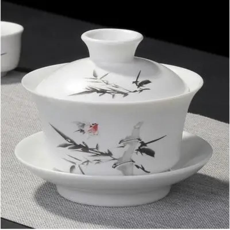 Chinese Hand Painted Kungfu Tea Set, Tureen Dehua, White Porcelain, Gaiwan, Pot Set for Travel, Fast Cup, High Quality