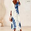 Women Plus Size V Neck Three Quarter Sleeve Blue White Printed Long Dress