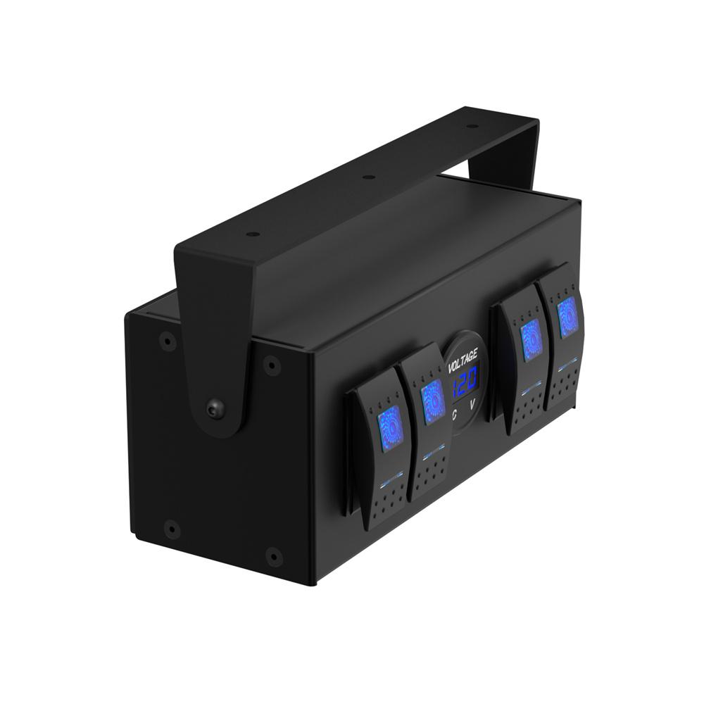 4 Gang ON OFF Rocker Switch Panel Controller Box w/ Voltmeter For Boat RV Truck