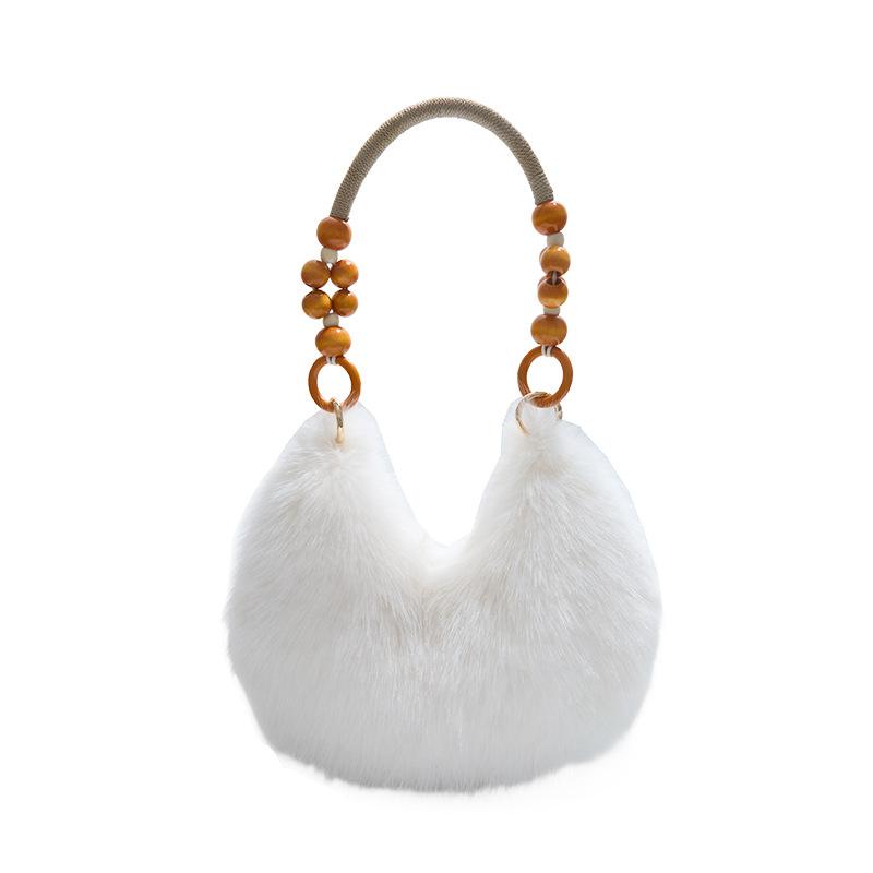 Autumn and Winter New Wooden Bead Portable Plush Shoulder Bag Handbag Texture Fashion Bag Female Sweet Cute Armpit Bag