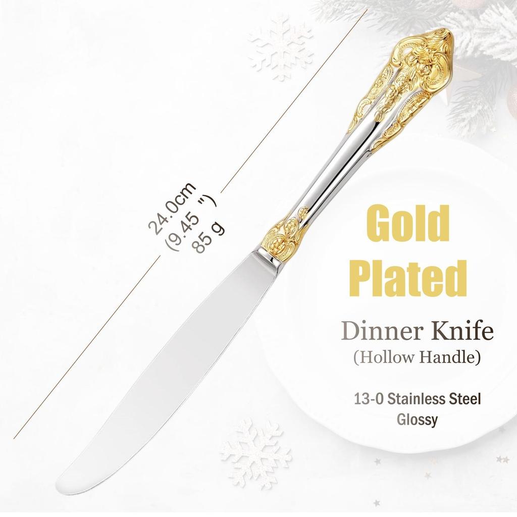 Conjunto de Talheres de Aço Inoxidável Prata, Talheres Vintage, Cabo Oco, Talheres para Casamento, Barroco, 18/10, Dourado Brilhante