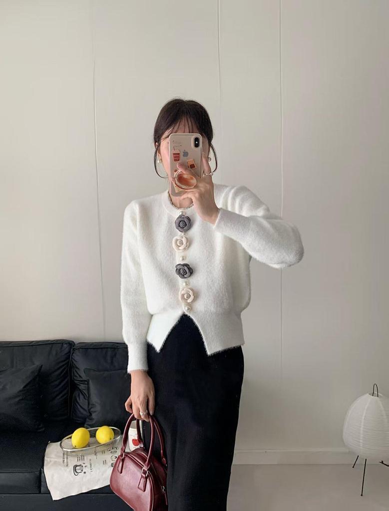 French Chic Bead-Studded Faux Mink Velvet Cardigan with Three-Dimensional Flower Knit Design