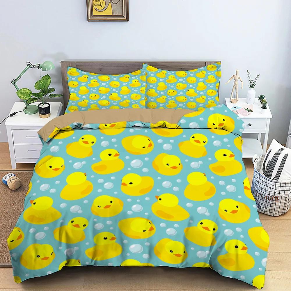 Carton Yelow Duck King Quen Soft Duvet Cover Farm Lovely Animal Beding Set Blue Buble Comfortable Quilt Cover Soft Polyester Warm Comforter Cover