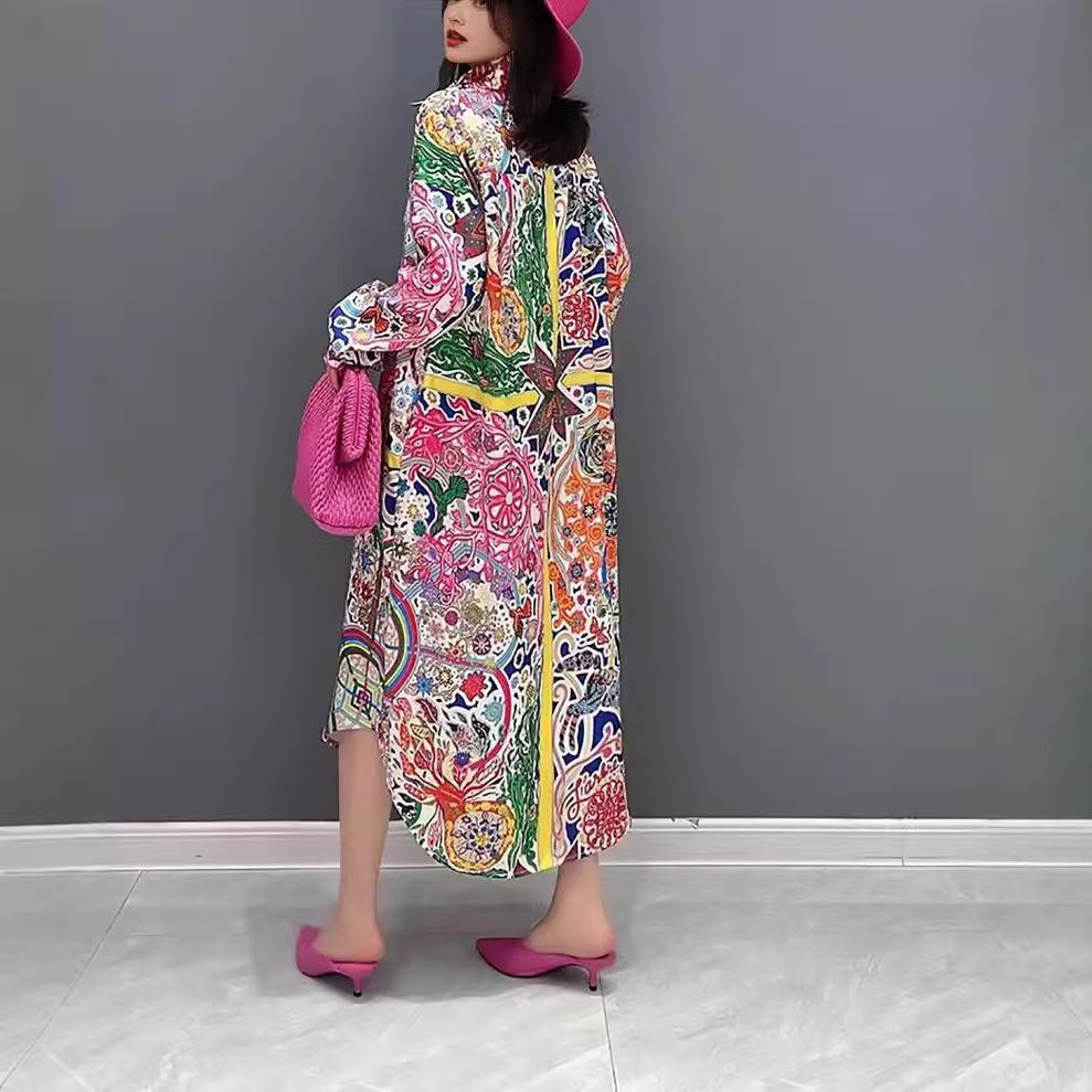 Thai Trendy Brand Spring and Summer Holiday Style Temperament Versatile Loose Printing Retro Long Shirt Dress Women