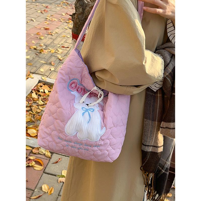 Cute plush puppy shoulder bag women's autumn and winter double-sided contrasting canvas bag large-capacity mommy bag student class bag