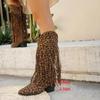 Stivali Alti al Ginocchio da Donna Cowboy Western Leopardo Punta Appuntita Tacco Alto Grosso Nappa Stivali Lunghi Donna Autunno Frange Botas Scarpe