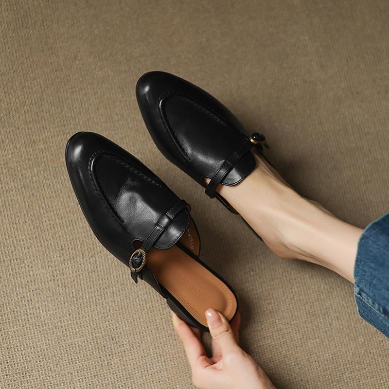 Fashion NEW Summer Women Mules Genuine Leather Shoes for Women Round Toe Chunky Heel Shoes Cover Toe Slingback Sandals Buckle Slippers