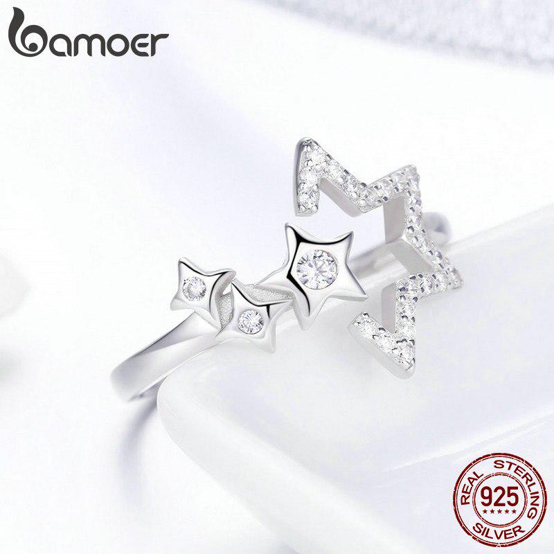 Bamoer Authentic 925 Sterling Silver Luminous Star & Spring Flower Adjustable Finger Rings Jewelry