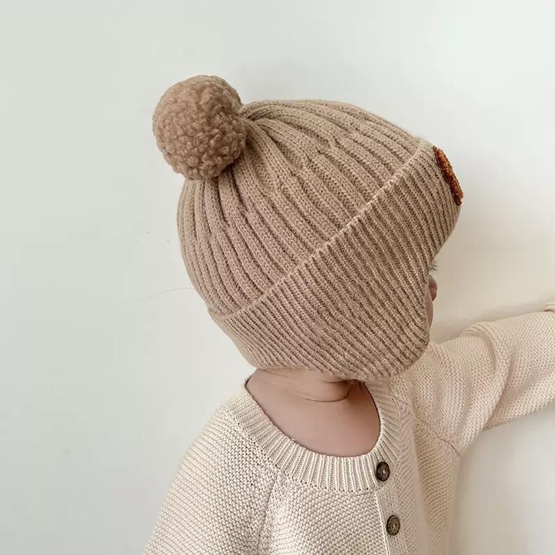 1-5PCS Winter Knit Beret Hat with Bear Ears and Ear Flaps Solid Color Baby Beanie Korean Style Warm Fleece Lined Toddler Cap