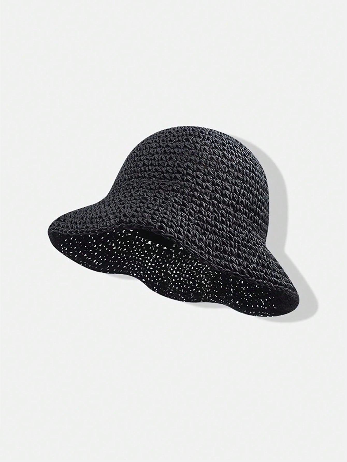 

1pc Breathable Crochet Straw Bucket Hats For Women Vintage Style,Goth Beach Sun Protection Wide Brim Foldable Bucket Hat чёрный