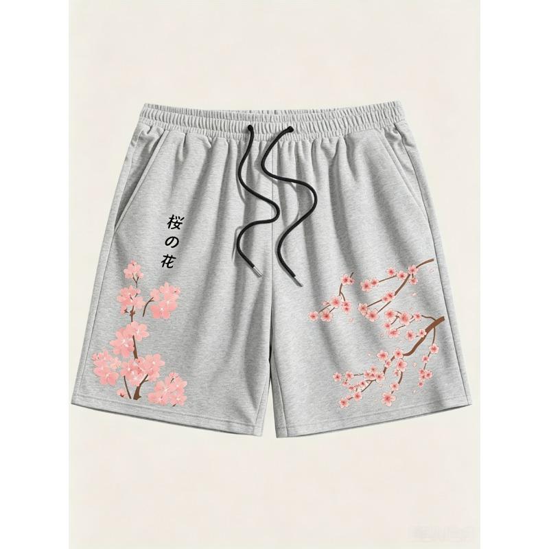 American Men's Summer Personalized Cherry Blossom Letter Print Micro Elastic Breathable Drawstring Shorts Outdoor Casual Pants