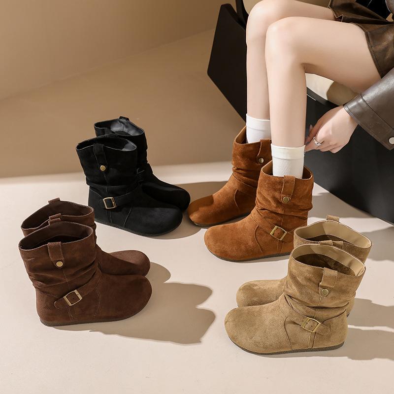 Maillard Retro Short Boots Women's Autumn New Short Tube Pleated Piled Boots Inner Height Increase Martin Boots