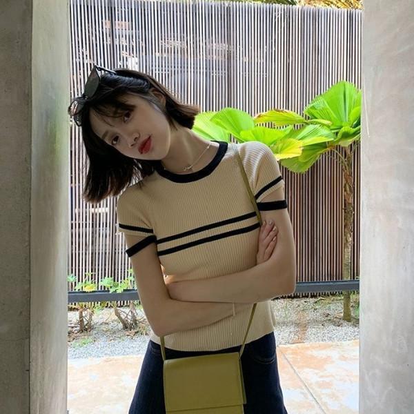 Chic Striped Knit Sweater - Women's Summer Slim Fit, Round Neck Top