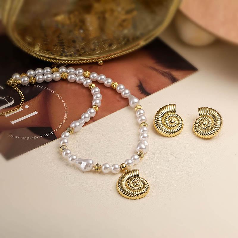 

HECHENG,Fashion Delicate Petal Droplet Bow Earrings Necklace Retro Ocean Style Shell Conch Pearl Zircon Set Other