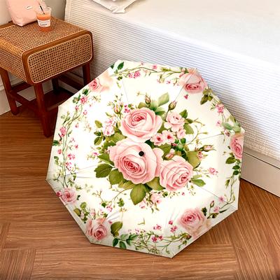 1 PC Automatic Folding Umbrella - Pink Roses Pattern, Portable & Foldable Design with 8 Ribs, Christmas Birthday Gifts