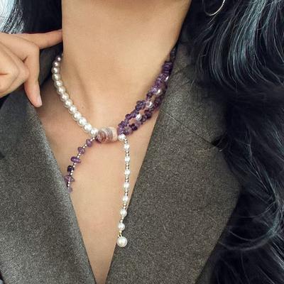 Collier Artificiel en Cristal d'Agate Améthyste Vitreuse Naturelle Chaîne de Clavicule Chaîne de Pull