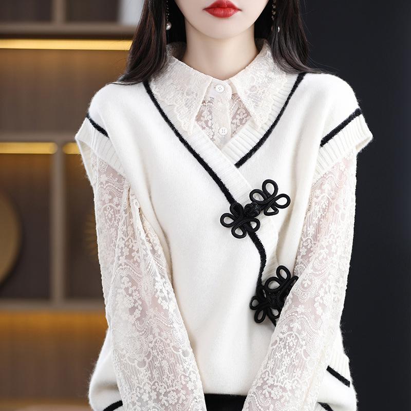 Color Block Button Front Vest, Casual Sleeveless Dual Pockets Knit Vest for Spring & Fall, Women's Clothing