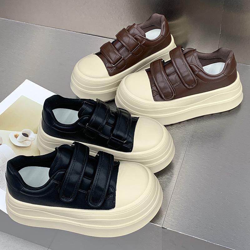 Ugly Cute Leather Velcro Thick-soled Little White Shoes Women's 2025 Autumn New Models Increase Height and Show Feet, Small Board Shoes, Big Head Sho