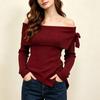 Damen S Langarm Strickpullover Schulterfrei Schleife Figurbetont Herbst Winter