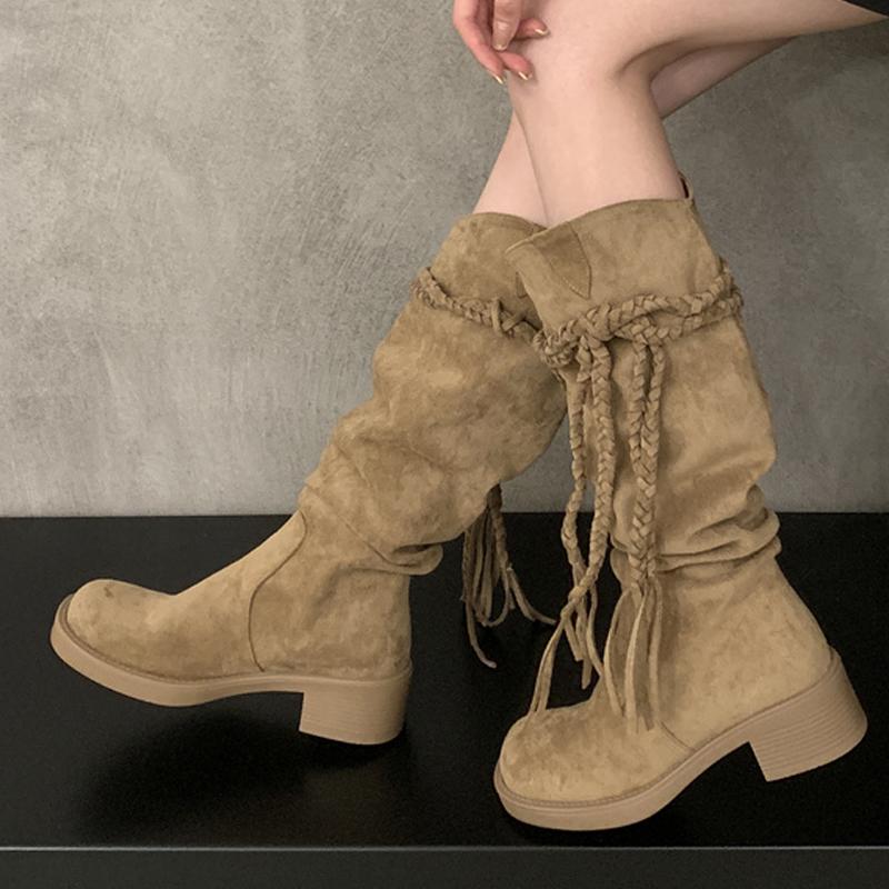 Fashion Eilyken 2025 New Winter Designer Tassel Woman Knee High Boots Fashion Round Toe Lace Up Square Heels Long Booties Shoes