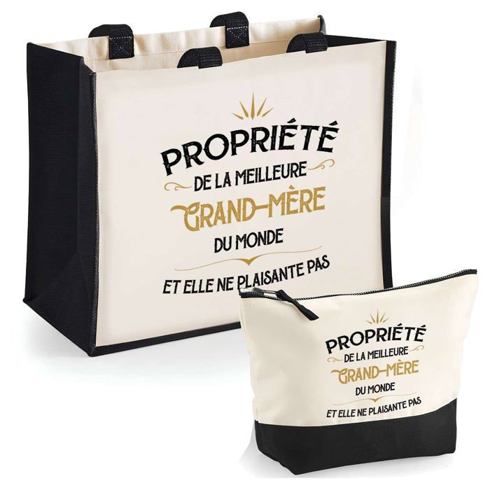 Duo cabas jute et trousse Propriété de la meilleure Grandma Cadeau Anniversaire Noël | Sac de courses Pochette Maquillage Shopping