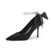 New Black Crystal Sequin Pearl Bow High Heels Wedding Shoes