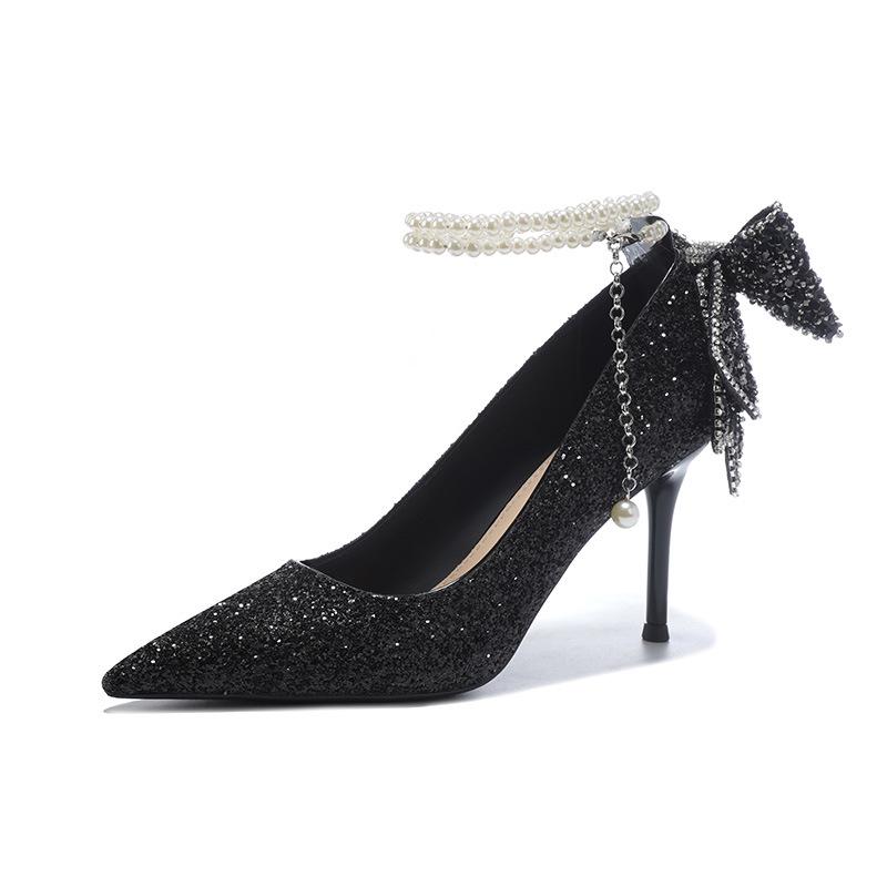 New Black Crystal Sequin Pearl Bow High Heels Wedding Shoes
