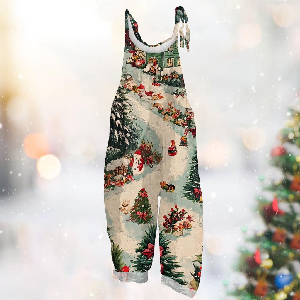 Frauen Overall Weihnachts Druck Beiläufige Lose Vintage Schulter Gurt Baumwolle Leinen
