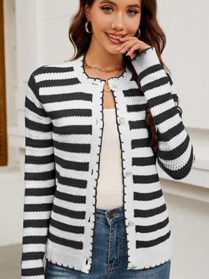 Women's Striped Sweater Button Knit Cardigan Jacket for Autumn and Winter