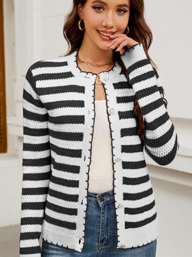 

Женский полосатый свитер на пуговицах, вязаный кардиган-жакет для осени и зимы S чёрный