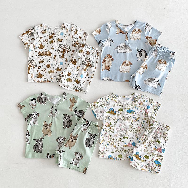 

2025 Summer Kids Korean Cotton Pajama Set: Boys & Girls Short Sleeve Shorts 80 cm