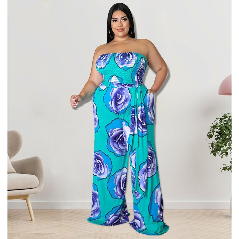 MY900 Plus Size Womens Sleeveless Knit Jumpsuit With Floral Print Rose Red Blue Breathable Milk Silk Fabric Straight Leg 2025 Collection