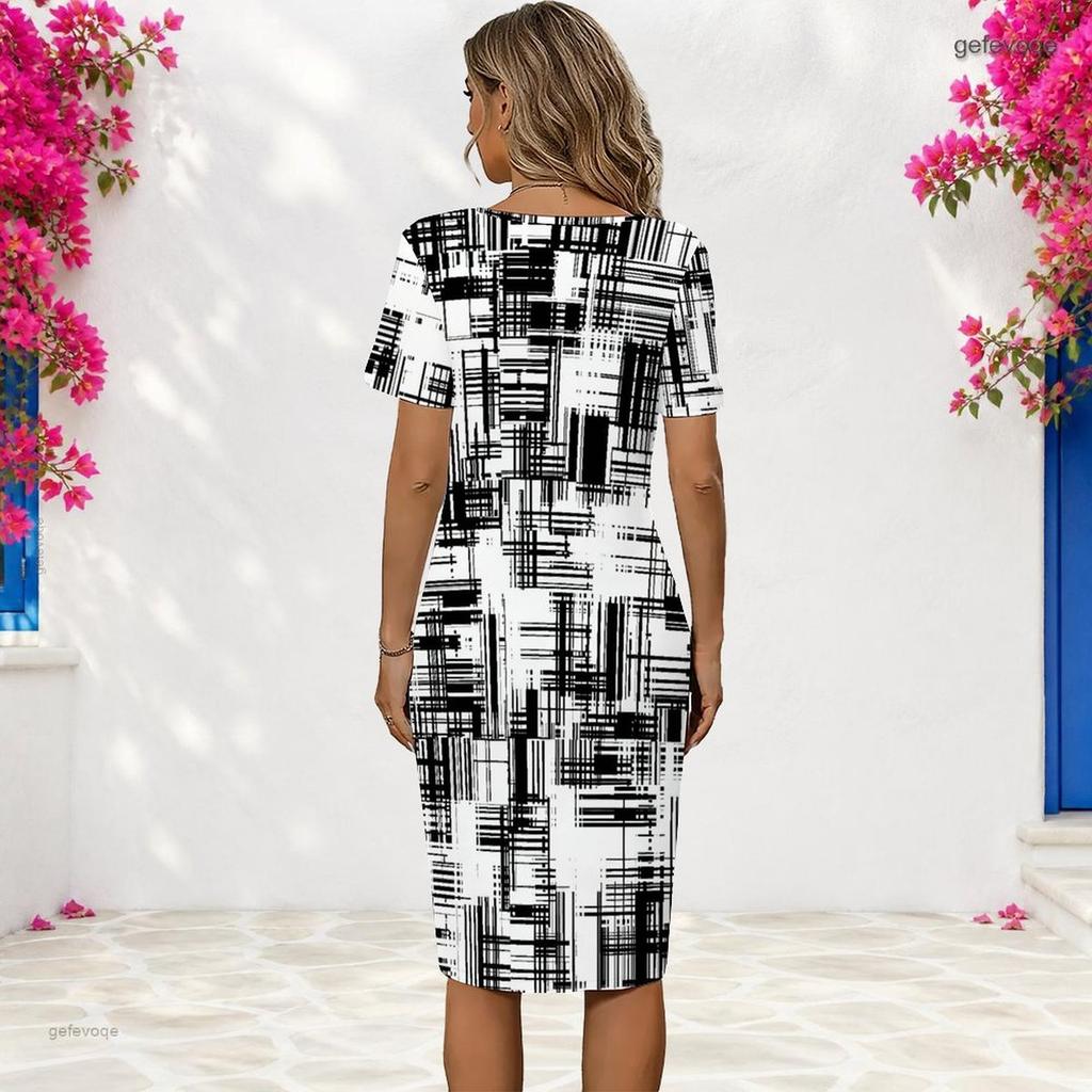 Women Plus Size Round Neck Short Sleeve Blue Green Smoke Printed Fitted Midi Dress