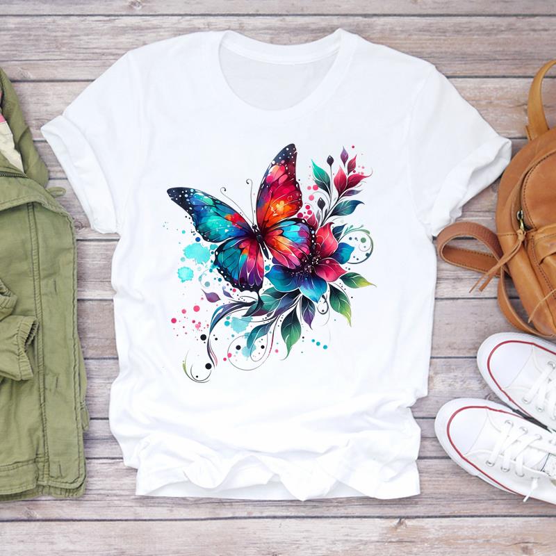 (Asian Size)  Print Lady T Shirt Trend Butterfly Trend 90s  Fashion Women Clothing Casual Top Short Sleeve Tee Female Graphic T-shirts