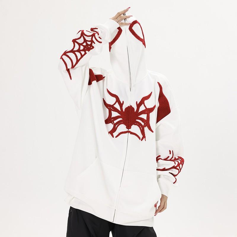 Stylish Oversized Hoodie With Embroidered Spider Design Streetwear Long Sleeve Zip-Up Women