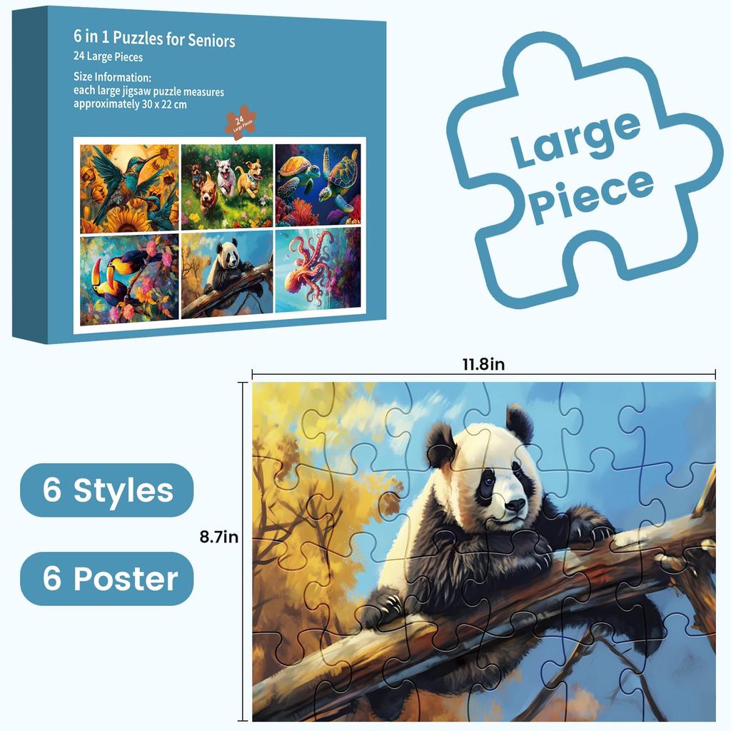 24 Großteiliges Puzzle für Senioren, Holz-Demenzpuzzle für Senioren und Erwachsene, Einfaches Puzzle mit Kolibri, Schildkröte und Hund-Puzzle,