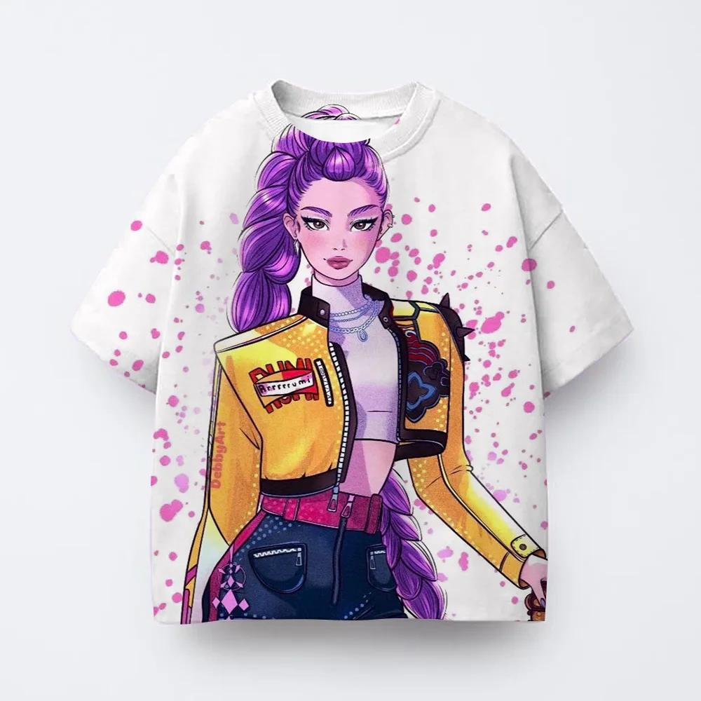 Demon Hunters Kpop T-shirt Girls Boys Short Sleeve Purple Tee Anime Children's Clothing Huntrix Tiger Harajuku Tops Tshirt