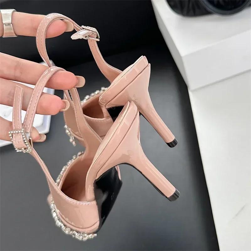 Fashion Rhinestone Buckle Strap Women Pumps Sexy Pointed Toe Patent Leather High Heels Fashion Slingbacks Heels Sandals Party Prom Shoes
