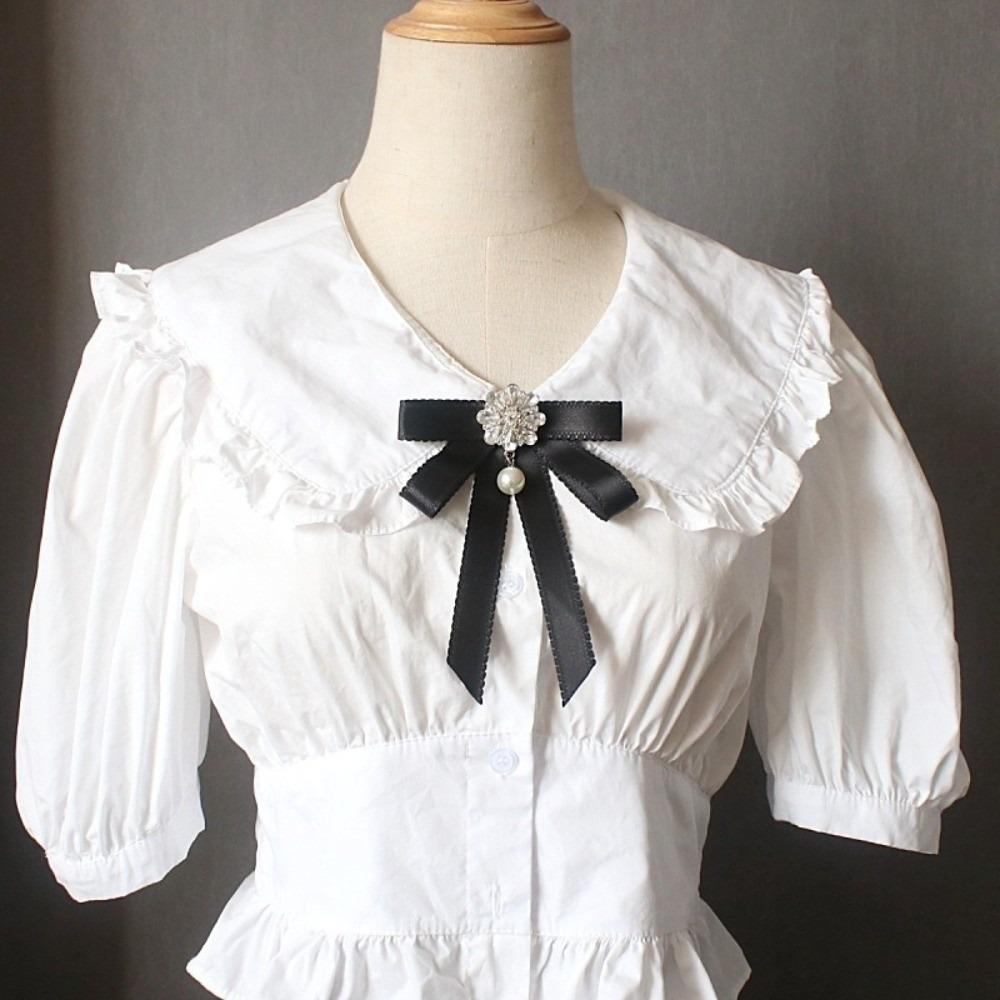 Solid Color Black Bow Necktie Pearl Ribbon Badge Brooch Sweet Funerals Memorial Pin Men
