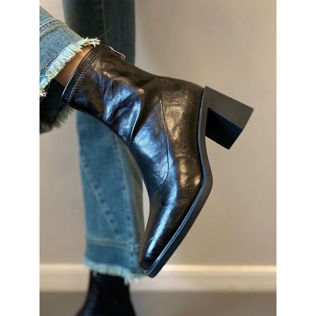 Vintage Square Head Thick Heel Thin Boots Woautumn Winter Velvet British Style Small High Heel Short Boots
