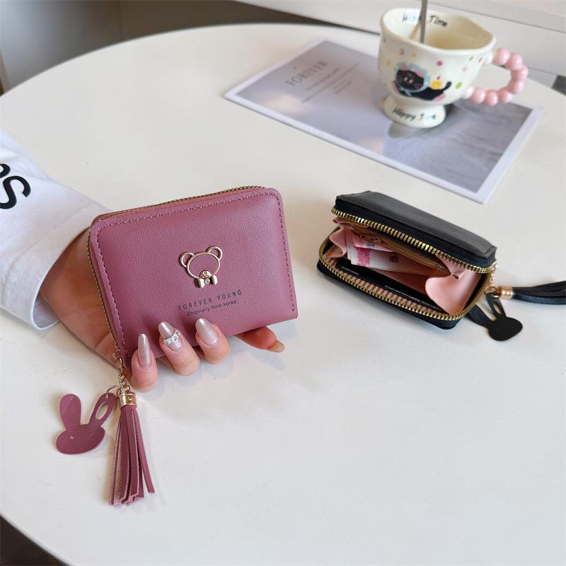 New spot women's wallet women's short cartoon cute bear fringed female student change bag zipper bag