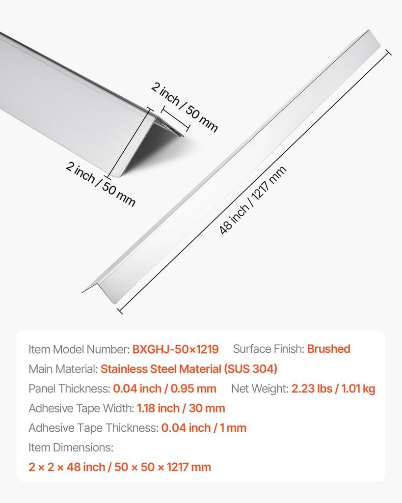 Stainless Steel Wall Corner Protector, 50 x 50 x 1217 mm, 10 Pack Metal Corner Guards, 304 Stainless Steel Edge Trim 90-Degree Angle for
