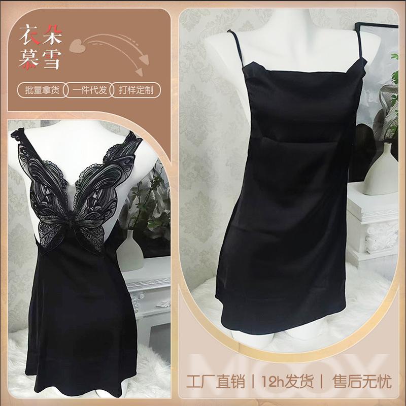 

New sexy pajamas women s big butterfly temperament swing collar nightdress backless slim suspender pure desire loungewear plus size (xl) чорний