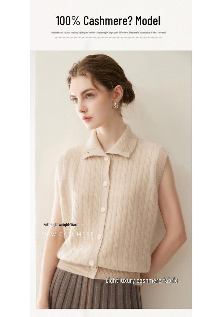 Korean Style High Neck Cable Knit Cashmere Cardigan Vest - Women's Loose Fit Slimming Top